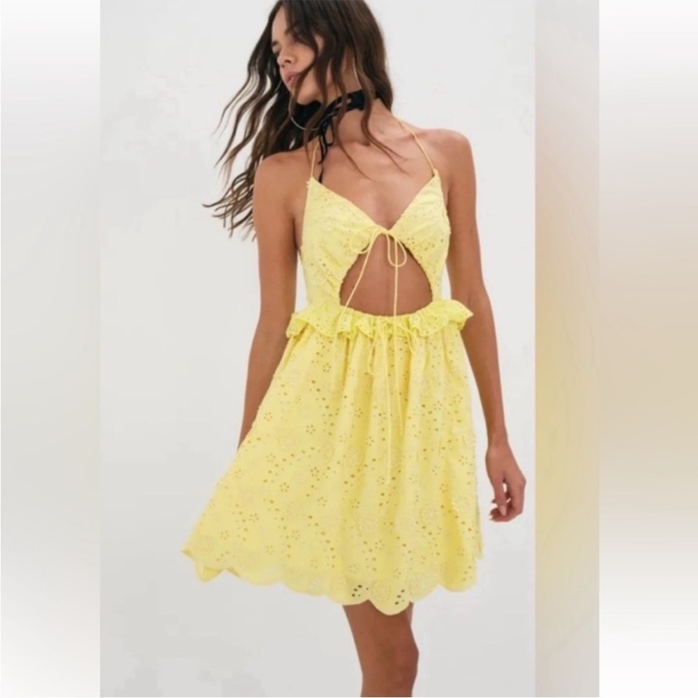 NWT For Love and Lemons Natalia Dress Yellow Eyelet Sundress Cutout Sz L